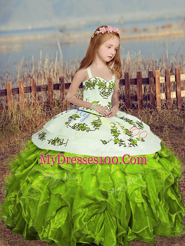 Enchanting Embroidery and Ruffles Kids Pageant Dress Yellow Green Lace Up Sleeveless Floor Length