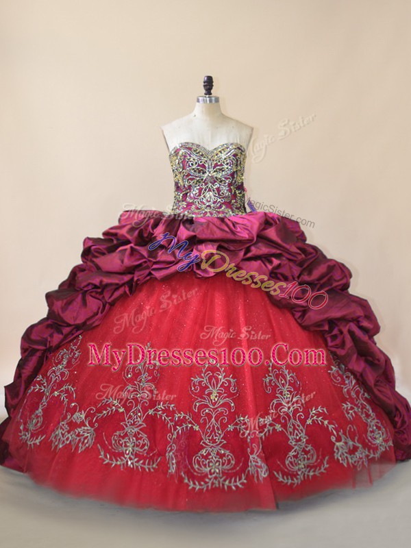 Fuchsia Ball Gowns Taffeta and Tulle Sweetheart Sleeveless Beading and Pick Ups Lace Up Sweet 16 Quinceanera Dress Brush Train