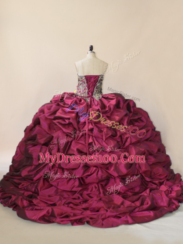Fuchsia Ball Gowns Taffeta and Tulle Sweetheart Sleeveless Beading and Pick Ups Lace Up Sweet 16 Quinceanera Dress Brush Train
