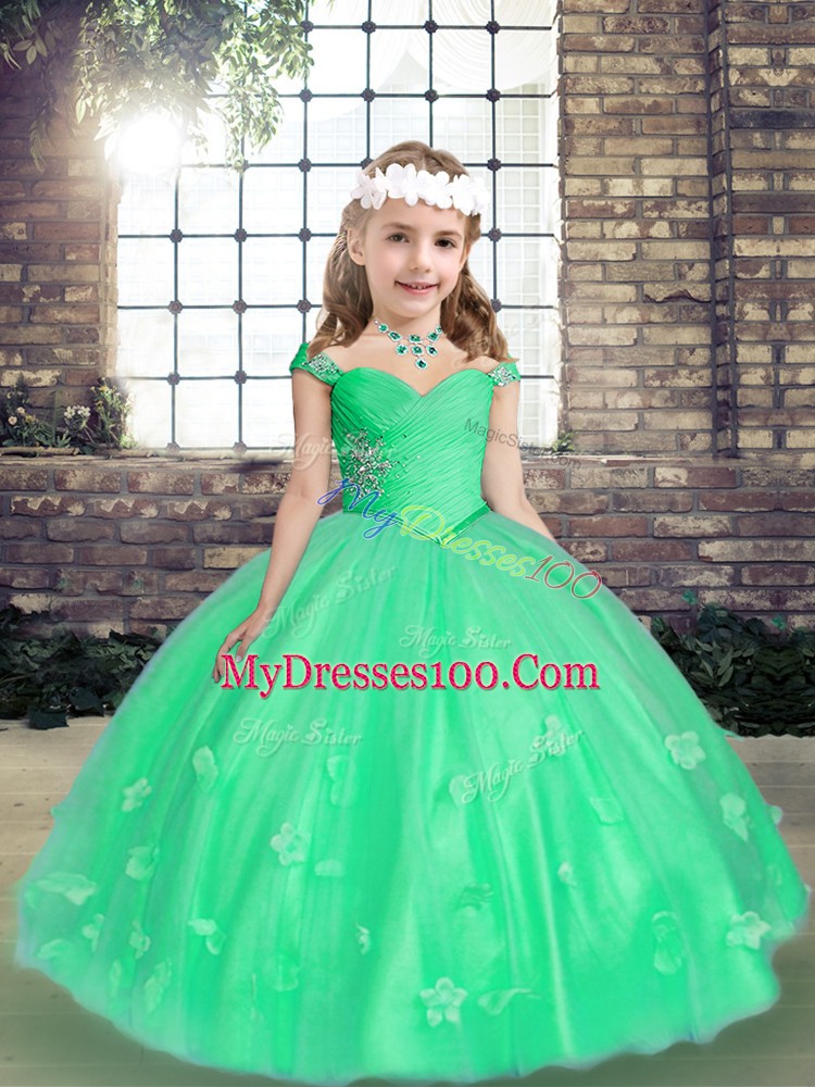 Green Straps Neckline Beading and Hand Made Flower Pageant Gowns For Girls Sleeveless Lace Up