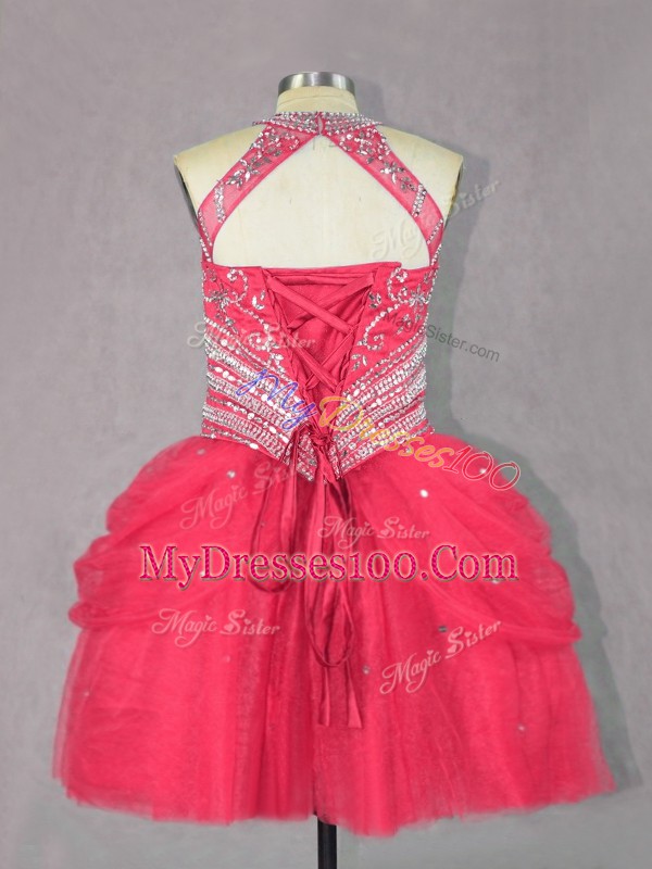 Coral Red Ball Gowns Tulle Halter Top Sleeveless Beading Mini Length Lace Up Pageant Dresses