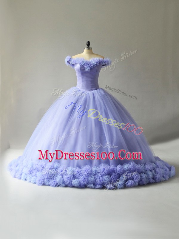 Lovely Lace Up Quince Ball Gowns Lavender for Sweet 16 and Quinceanera with Hand Made Flower Court Train