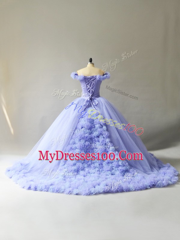 Lovely Lace Up Quince Ball Gowns Lavender for Sweet 16 and Quinceanera with Hand Made Flower Court Train