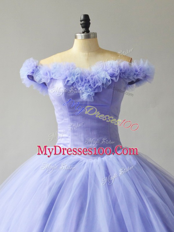 Lovely Lace Up Quince Ball Gowns Lavender for Sweet 16 and Quinceanera with Hand Made Flower Court Train