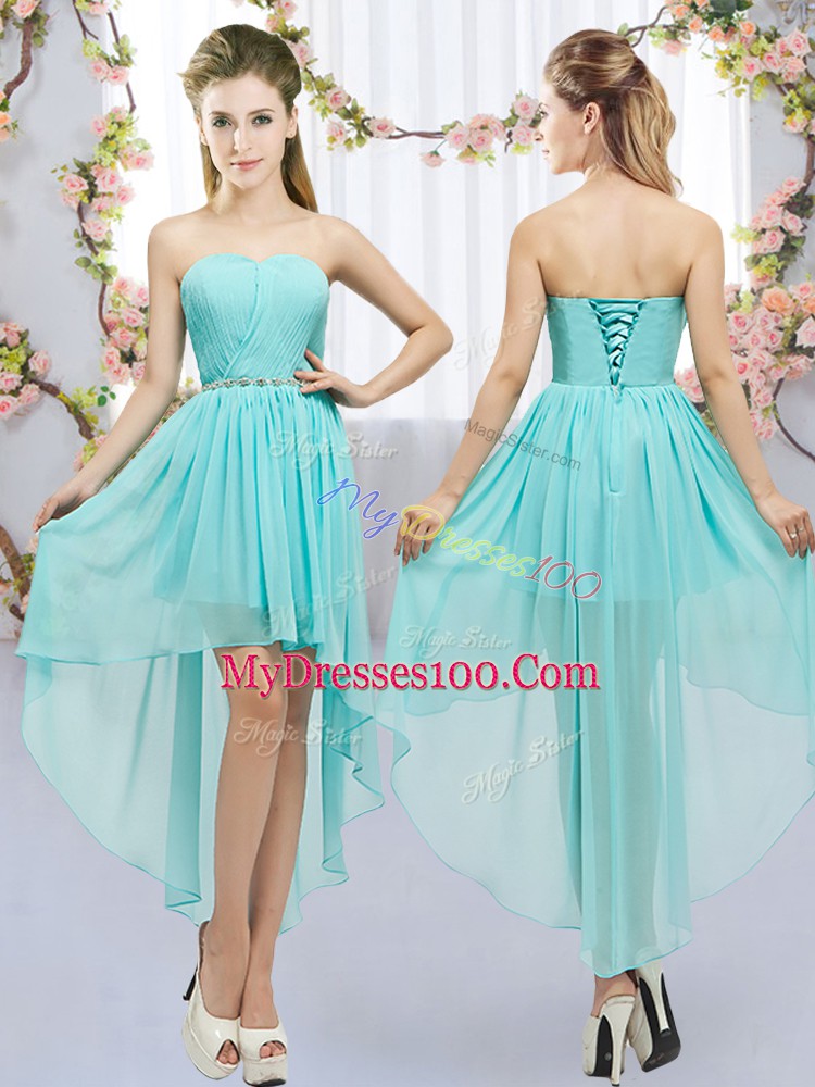 Aqua Blue Chiffon Lace Up Bridesmaids Dress Sleeveless High Low Beading
