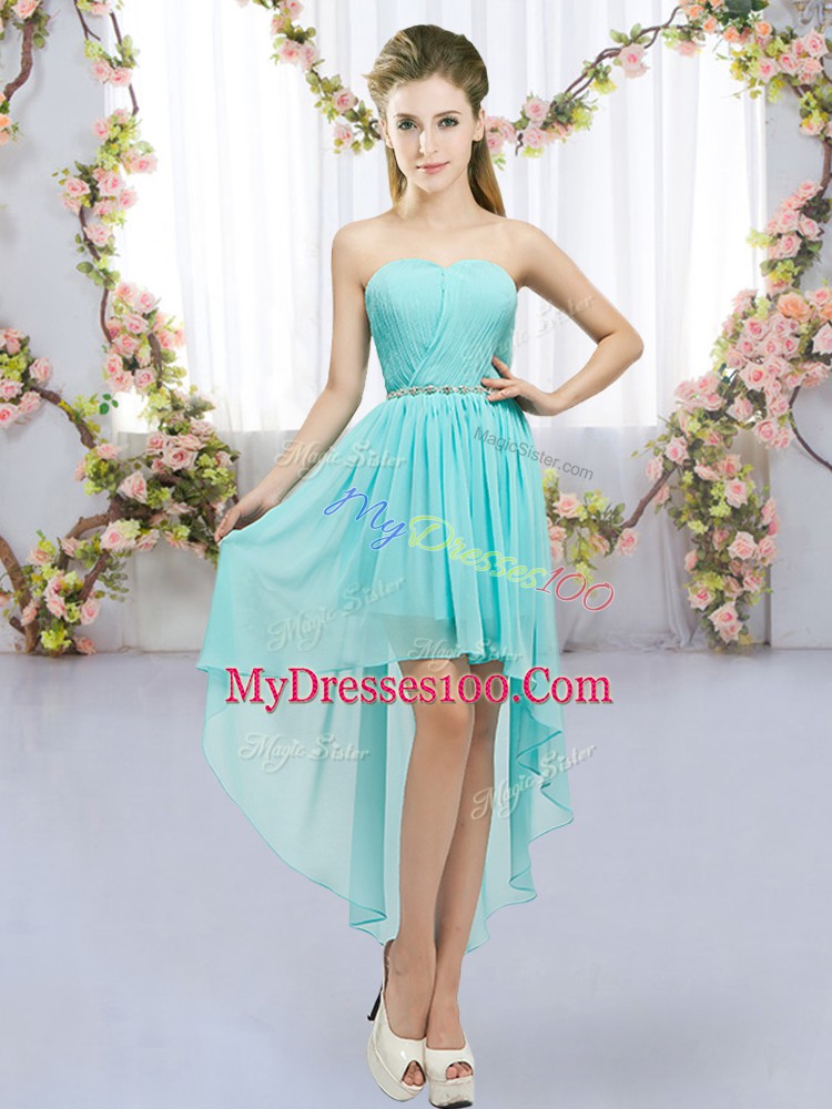 Aqua Blue Chiffon Lace Up Bridesmaids Dress Sleeveless High Low Beading