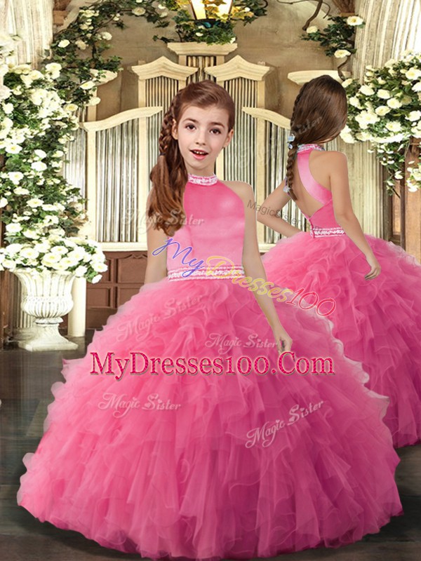 Best Floor Length Rose Pink Little Girls Pageant Dress Wholesale Tulle Sleeveless Beading and Ruffles