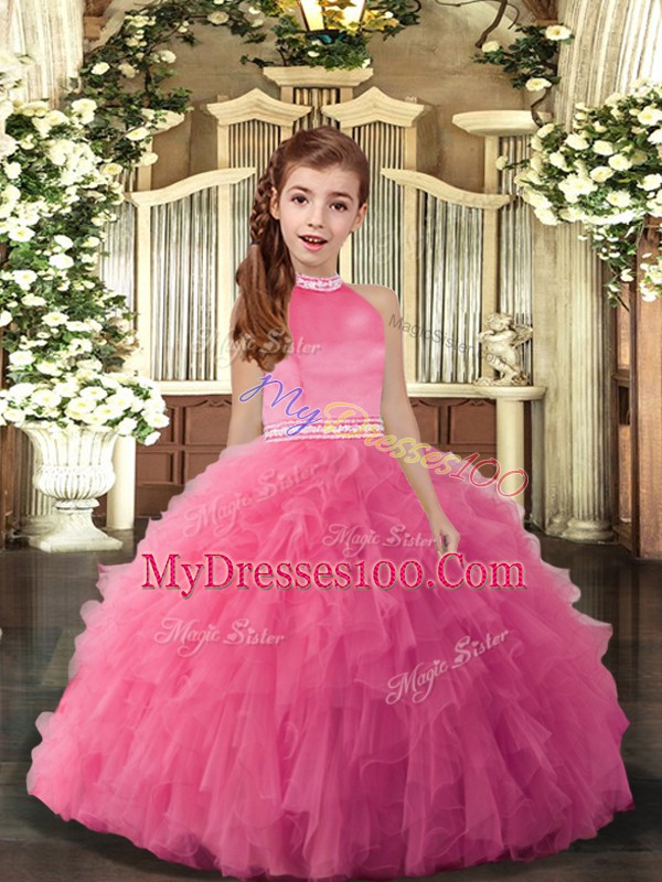 Best Floor Length Rose Pink Little Girls Pageant Dress Wholesale Tulle Sleeveless Beading and Ruffles