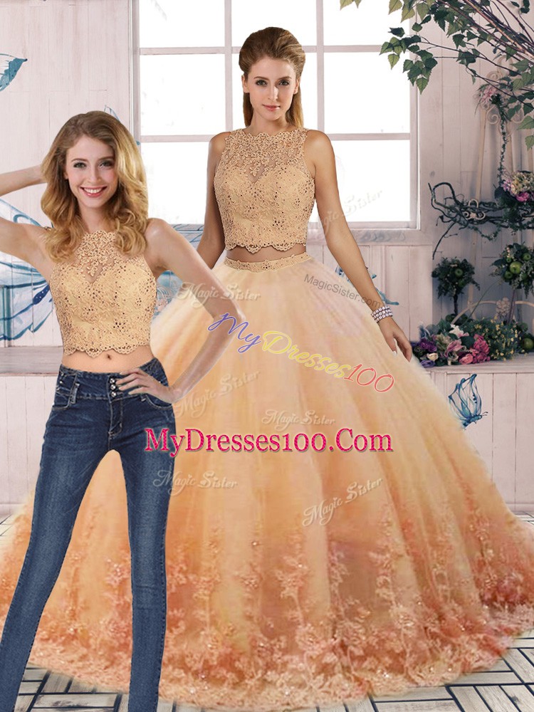 Graceful Two Pieces Sleeveless Peach Quince Ball Gowns Sweep Train Backless