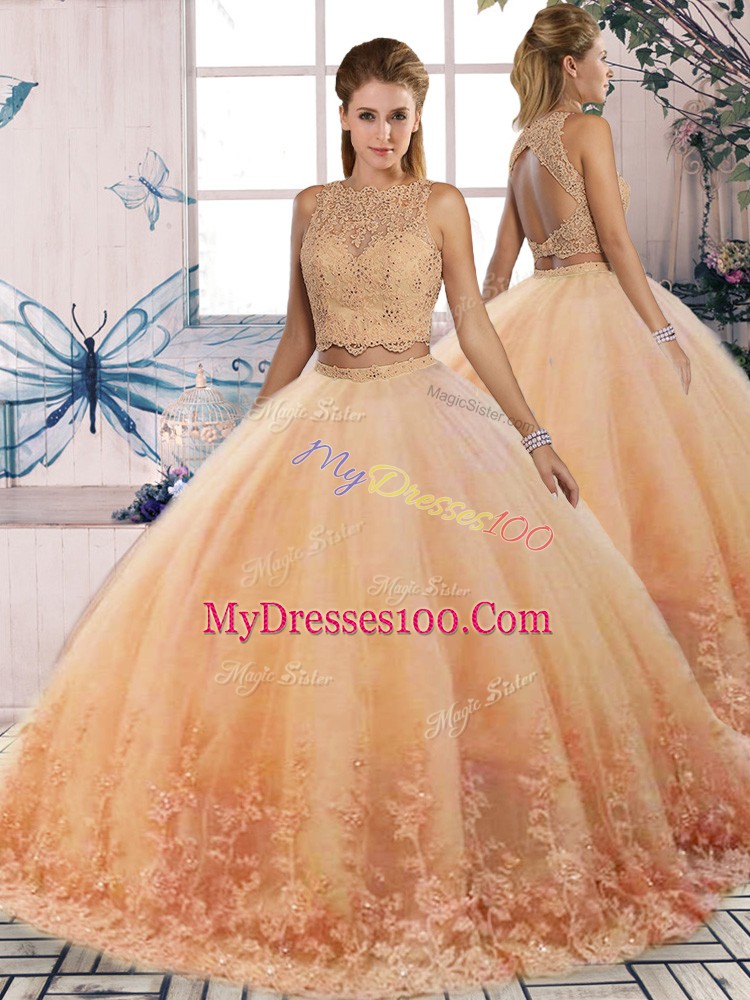 Graceful Two Pieces Sleeveless Peach Quince Ball Gowns Sweep Train Backless