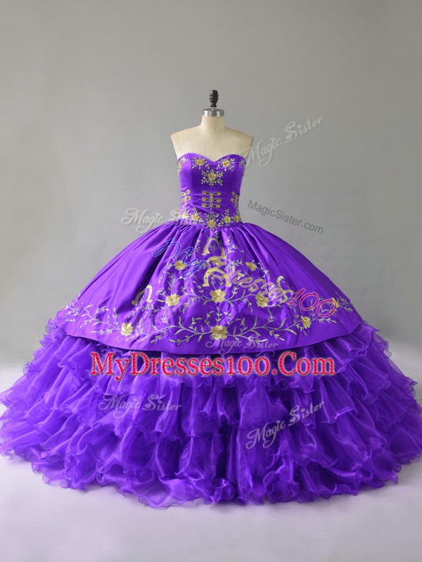Sleeveless Floor Length Embroidery and Ruffles Lace Up Quinceanera Gown with Purple
