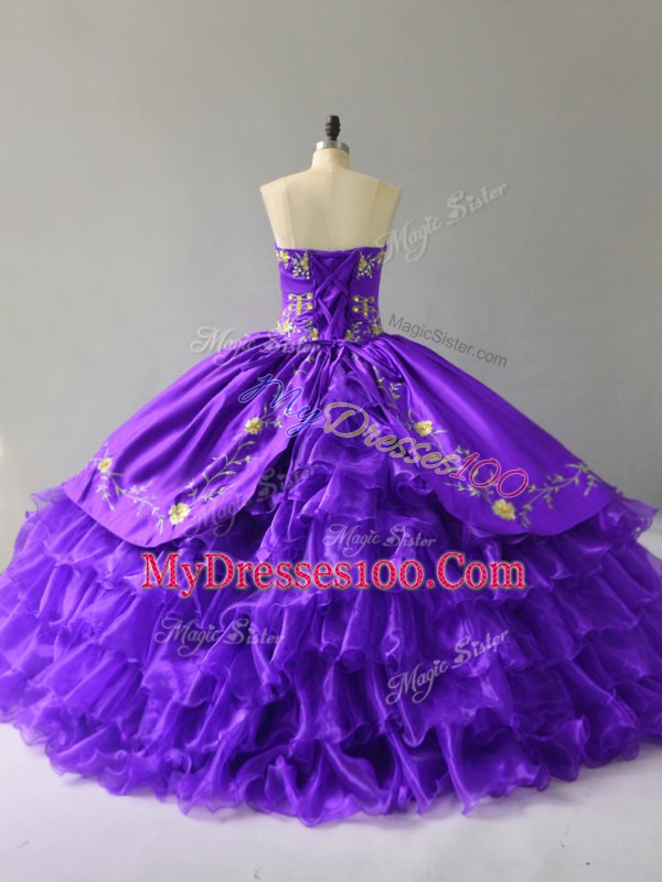 Sleeveless Floor Length Embroidery and Ruffles Lace Up Quinceanera Gown with Purple