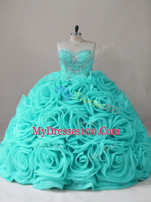 Aqua Blue Ball Gowns Sweetheart Sleeveless Fabric With Rolling Flowers Lace Up Beading Ball Gown Prom Dress