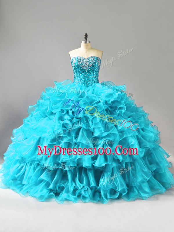 Aqua Blue Organza Lace Up 15 Quinceanera Dress Sleeveless Floor Length Ruffles and Sequins