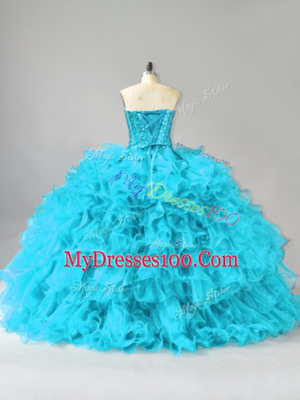 Aqua Blue Organza Lace Up 15 Quinceanera Dress Sleeveless Floor Length Ruffles and Sequins