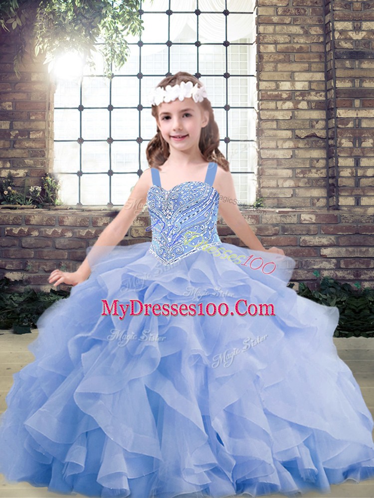 Sleeveless Tulle Floor Length Lace Up Little Girl Pageant Gowns in Lavender with Beading and Ruffles
