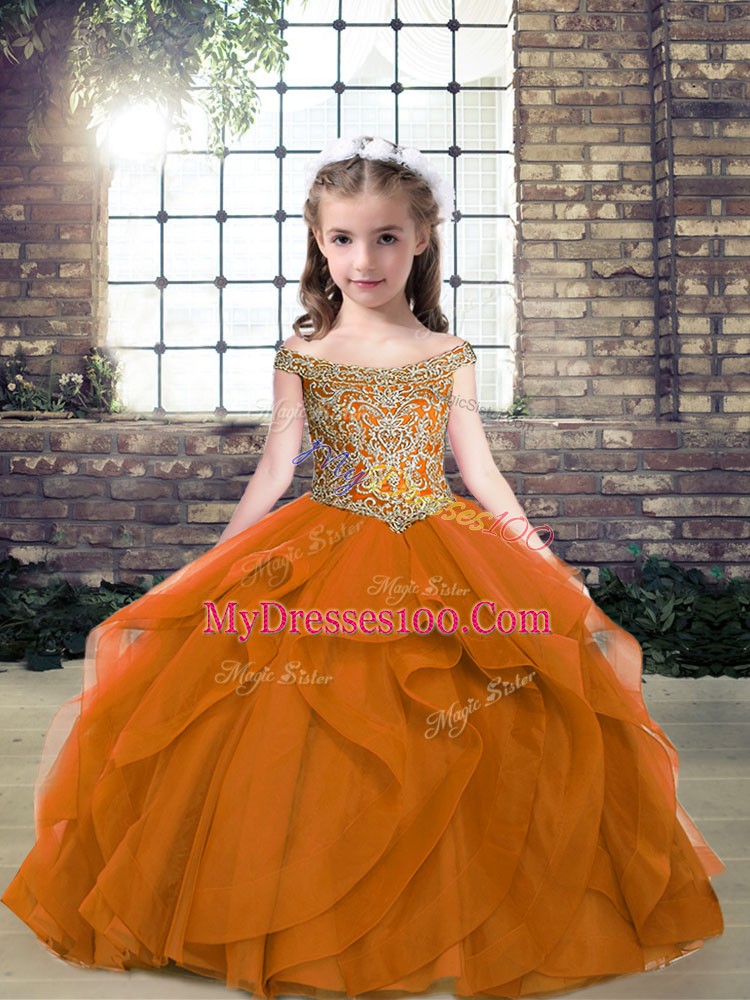 Orange Ball Gowns Off The Shoulder Sleeveless Organza and Tulle Floor Length Lace Up Beading Kids Pageant Dress
