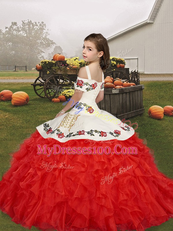 Excellent Purple Ball Gowns Embroidery and Ruffles Pageant Dresses Lace Up Organza Sleeveless Floor Length