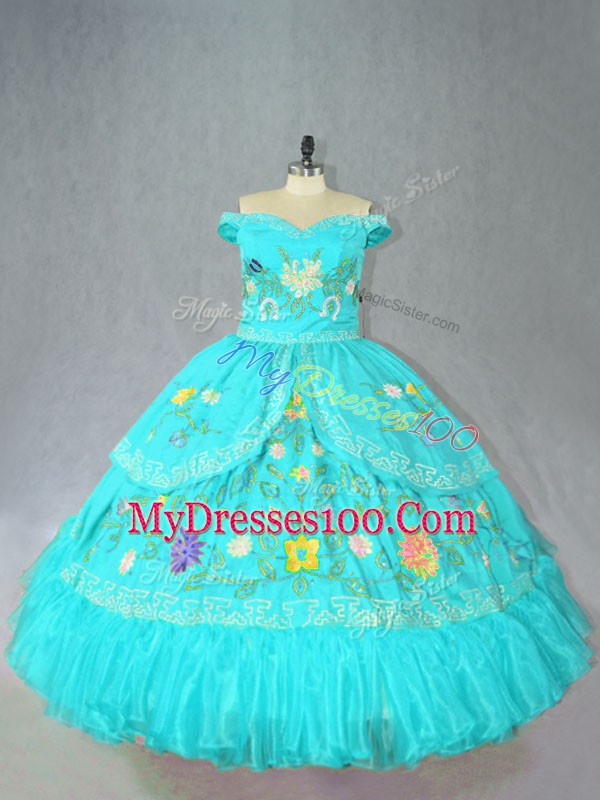 Top Selling Aqua Blue Sleeveless Embroidery Floor Length Sweet 16 Dresses