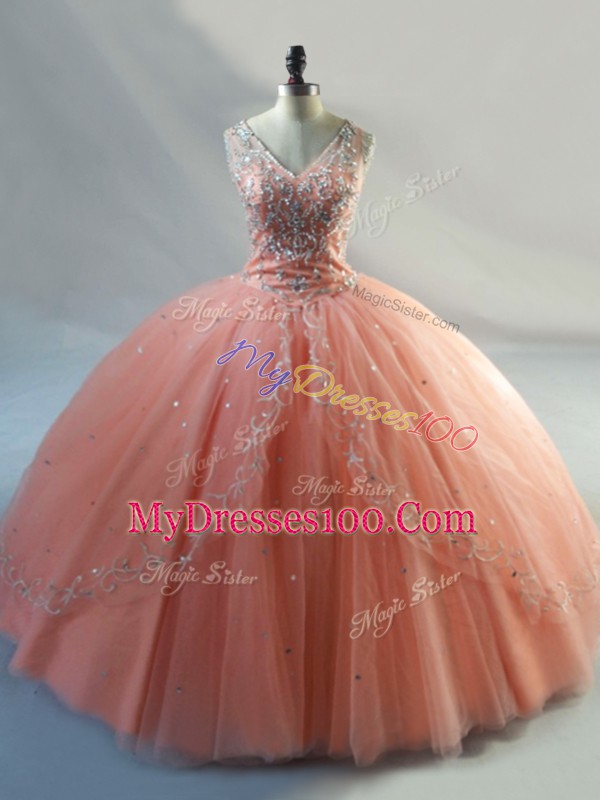 Delicate Peach Lace Up Quince Ball Gowns Beading Sleeveless Floor Length