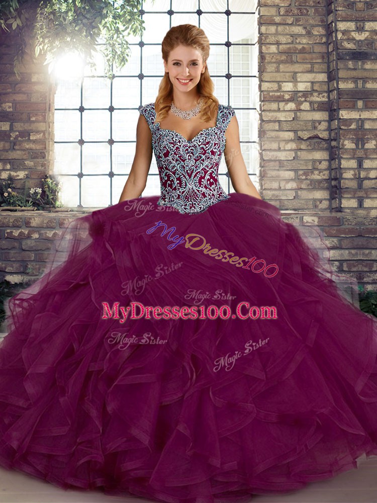 Fuchsia Sleeveless Floor Length Beading and Ruffles Lace Up 15 Quinceanera Dress
