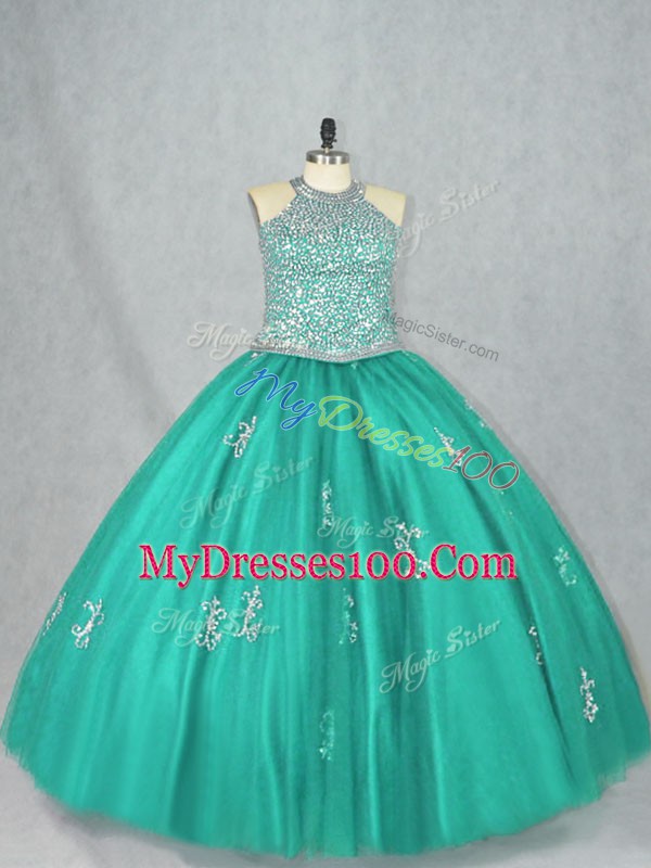 Wonderful Turquoise Sleeveless Floor Length Beading and Appliques Lace Up Quinceanera Gowns