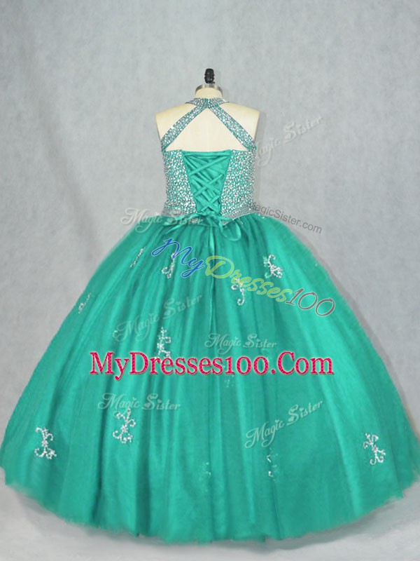 Wonderful Turquoise Sleeveless Floor Length Beading and Appliques Lace Up Quinceanera Gowns