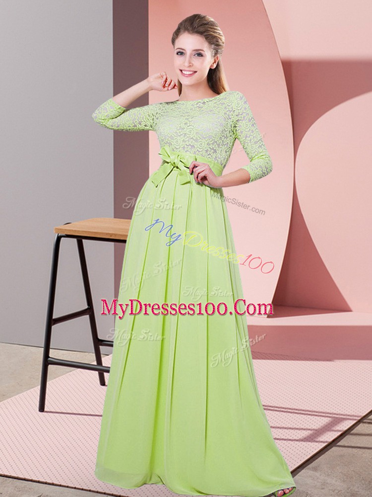 Scoop 3 4 Length Sleeve Side Zipper Wedding Guest Dresses Yellow Green Chiffon