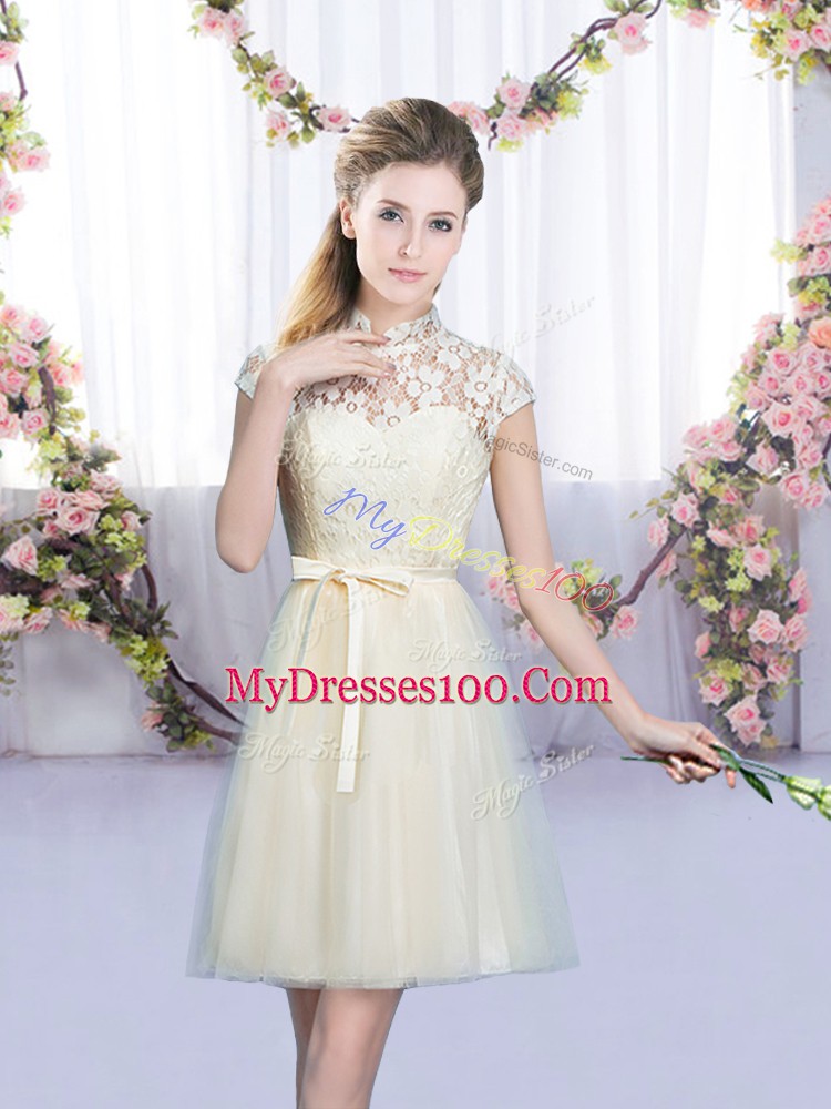 Mini Length Empire Cap Sleeves Champagne Bridesmaid Dress Lace Up