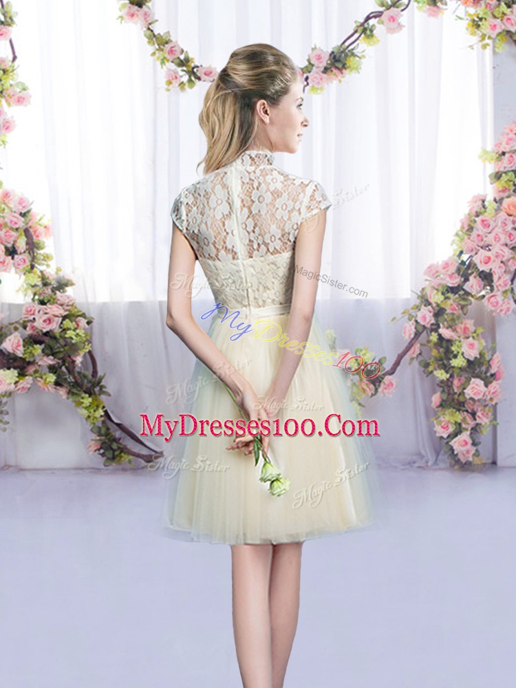 Mini Length Empire Cap Sleeves Champagne Bridesmaid Dress Lace Up