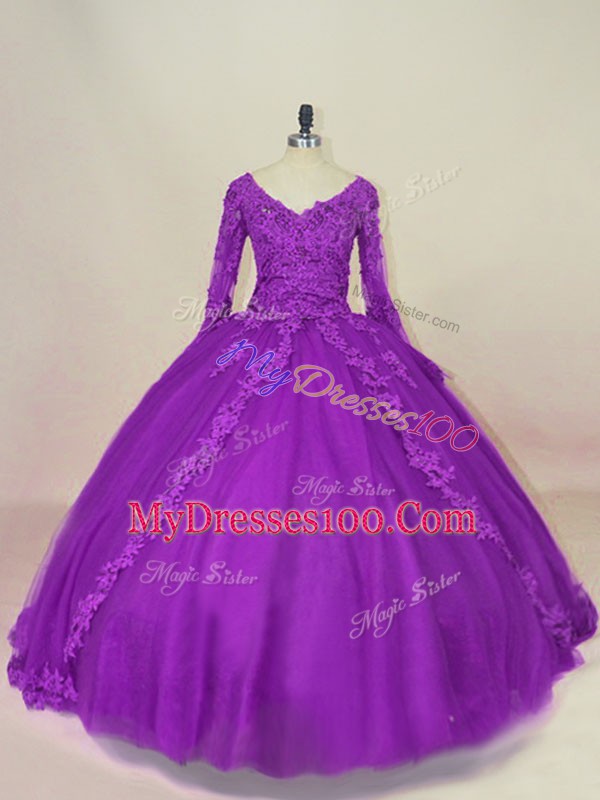 Sweet Long Sleeves Floor Length Appliques Lace Up Sweet 16 Quinceanera Dress with Purple