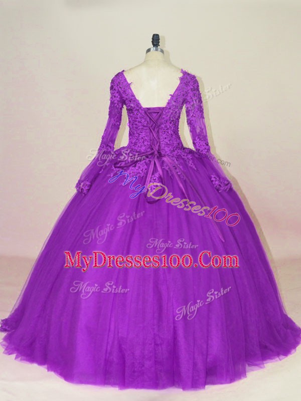 Sweet Long Sleeves Floor Length Appliques Lace Up Sweet 16 Quinceanera Dress with Purple