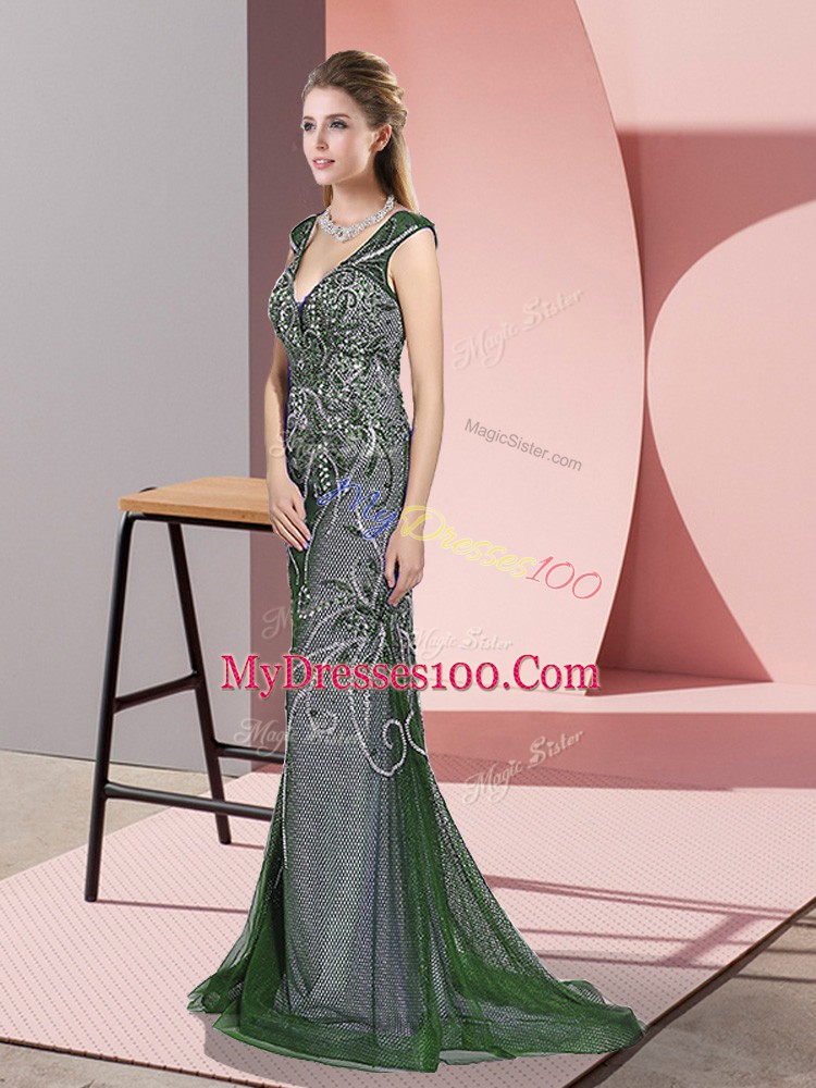 Elegant Tulle V-neck Sleeveless Sweep Train Zipper Beading Homecoming Dress in Green