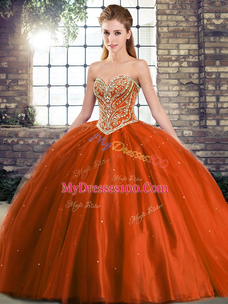 Luxurious Rust Red Ball Gowns Beading Quinceanera Gown Lace Up Tulle Sleeveless
