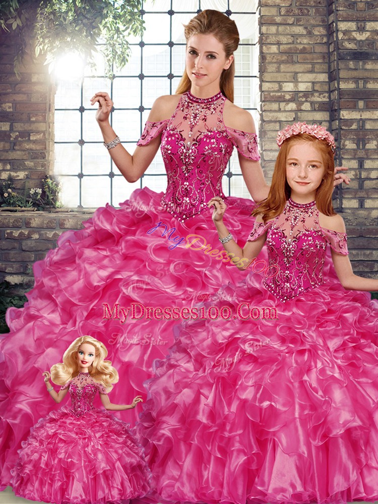 Luxury Fuchsia Halter Top Neckline Beading and Ruffles Quinceanera Gowns Sleeveless Lace Up