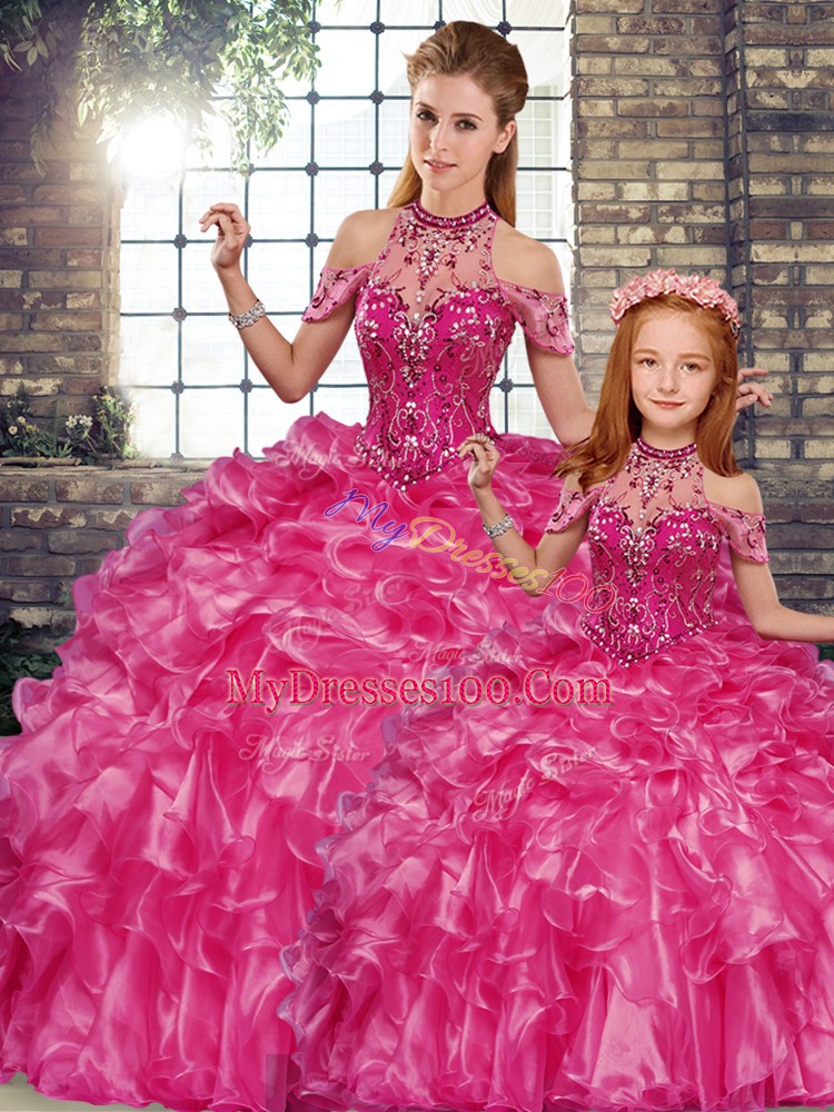 Luxury Fuchsia Halter Top Neckline Beading and Ruffles Quinceanera Gowns Sleeveless Lace Up