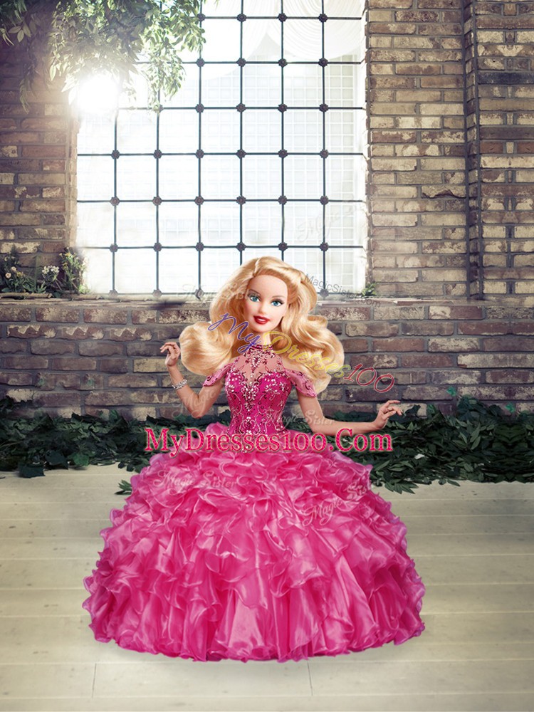 Luxury Fuchsia Halter Top Neckline Beading and Ruffles Quinceanera Gowns Sleeveless Lace Up