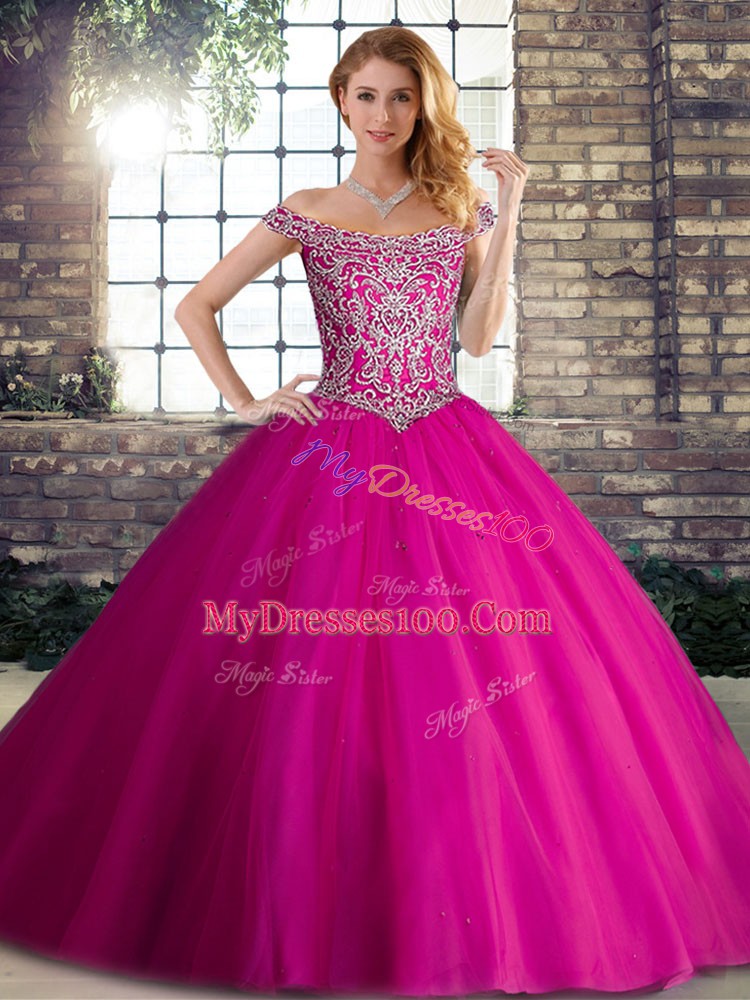 High Class Ball Gowns Sleeveless Fuchsia Ball Gown Prom Dress Brush Train Lace Up