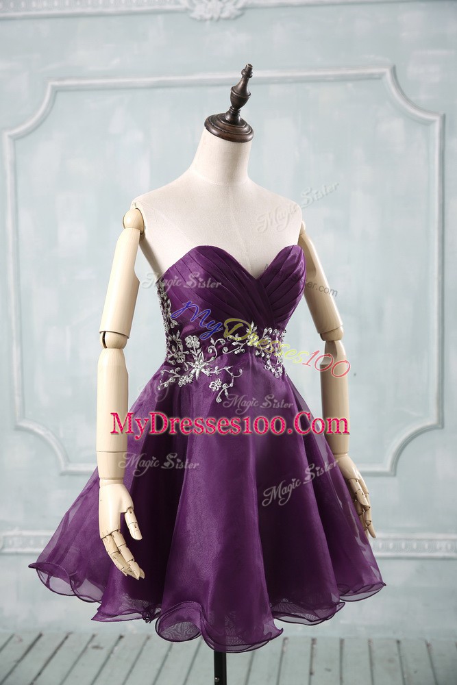 Purple Organza Lace Up Sweetheart Sleeveless Mini Length Cocktail Dresses Appliques and Ruching
