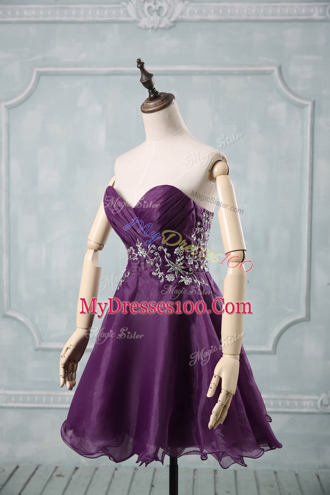 Purple Organza Lace Up Sweetheart Sleeveless Mini Length Cocktail Dresses Appliques and Ruching