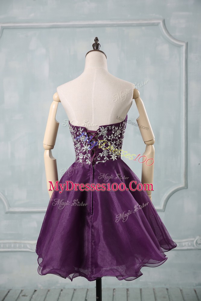 Purple Organza Lace Up Sweetheart Sleeveless Mini Length Cocktail Dresses Appliques and Ruching