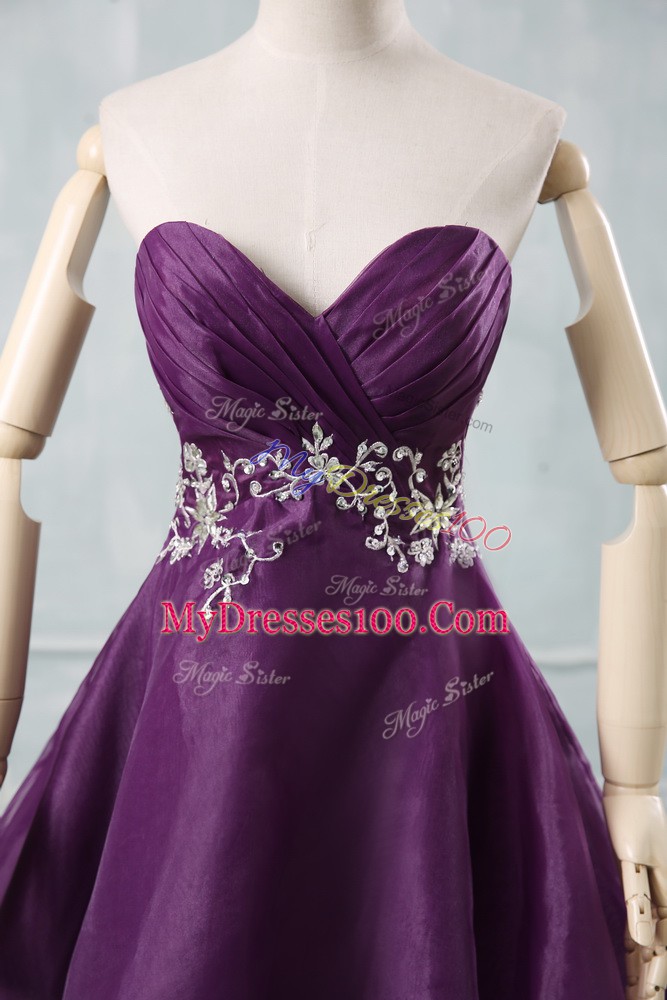 Purple Organza Lace Up Sweetheart Sleeveless Mini Length Cocktail Dresses Appliques and Ruching
