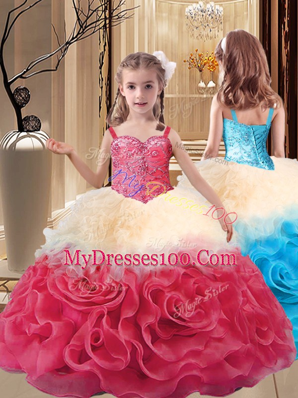 Custom Fit Floor Length Multi-color Winning Pageant Gowns Fabric With Rolling Flowers Sleeveless Beading