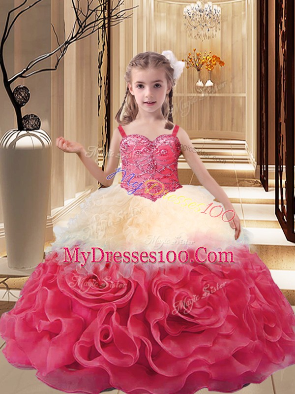 Custom Fit Floor Length Multi-color Winning Pageant Gowns Fabric With Rolling Flowers Sleeveless Beading