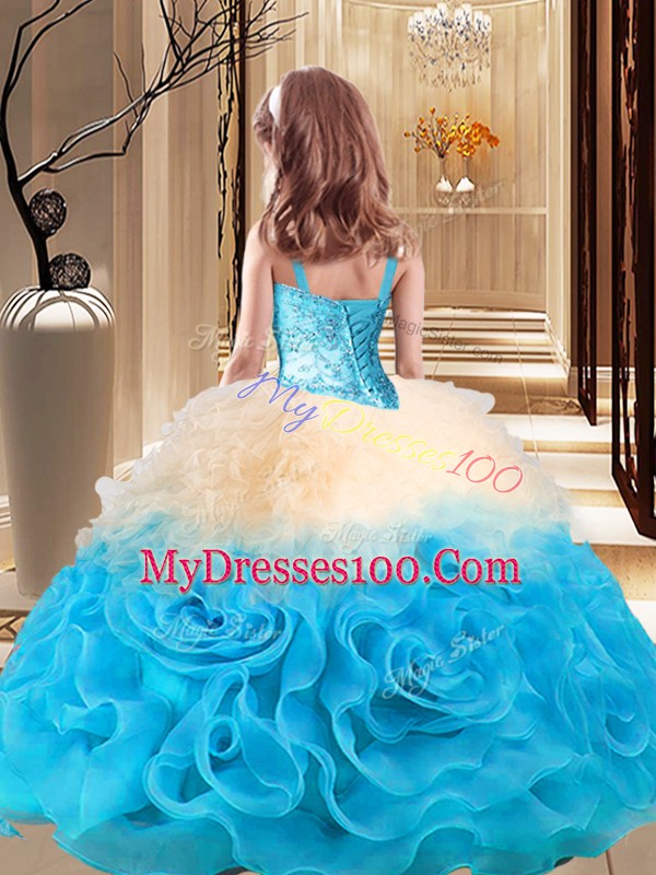 Custom Fit Floor Length Multi-color Winning Pageant Gowns Fabric With Rolling Flowers Sleeveless Beading