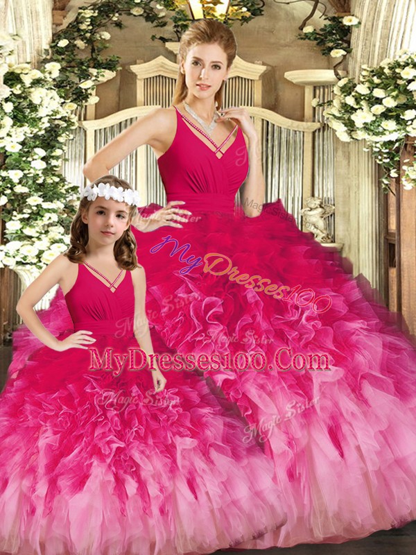 Fabulous Floor Length Multi-color Sweet 16 Dresses V-neck Sleeveless Backless