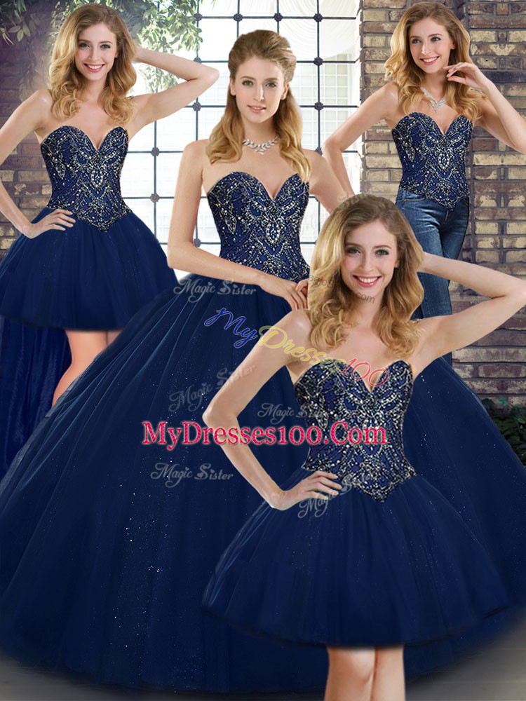 Navy Blue Lace Up Quince Ball Gowns Beading Sleeveless Floor Length