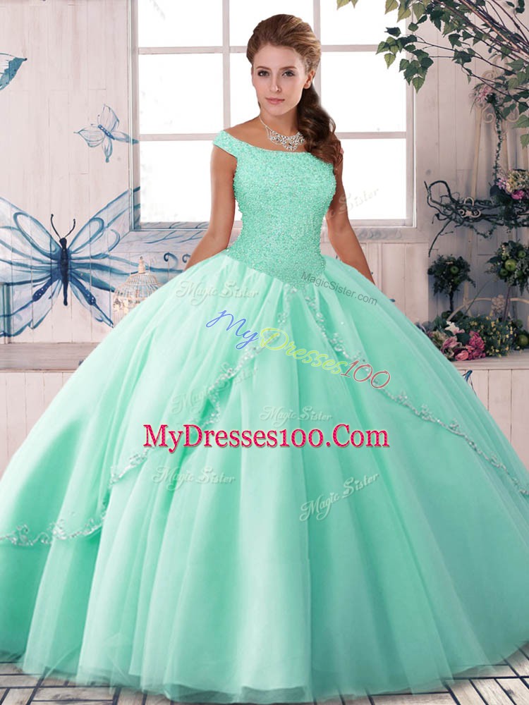 Edgy Sleeveless Beading Lace Up Quince Ball Gowns with Apple Green Brush Train