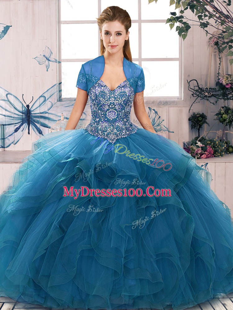 Stylish Tulle Off The Shoulder Sleeveless Lace Up Beading and Ruffles Quinceanera Dresses in Blue
