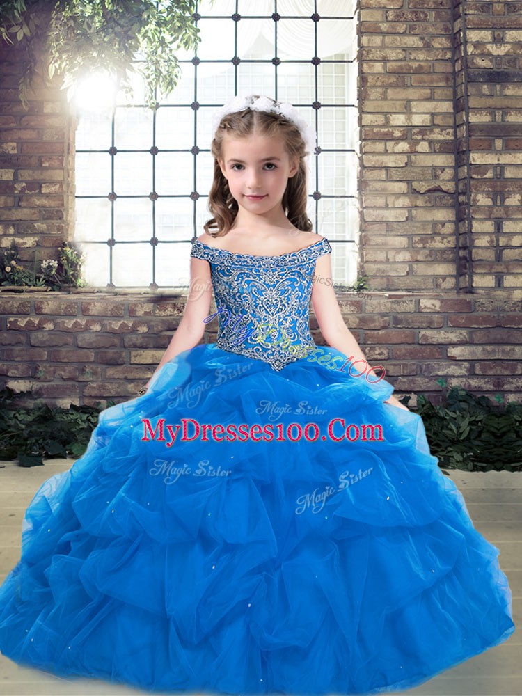 Blue Sleeveless Floor Length Beading Lace Up Little Girl Pageant Dress